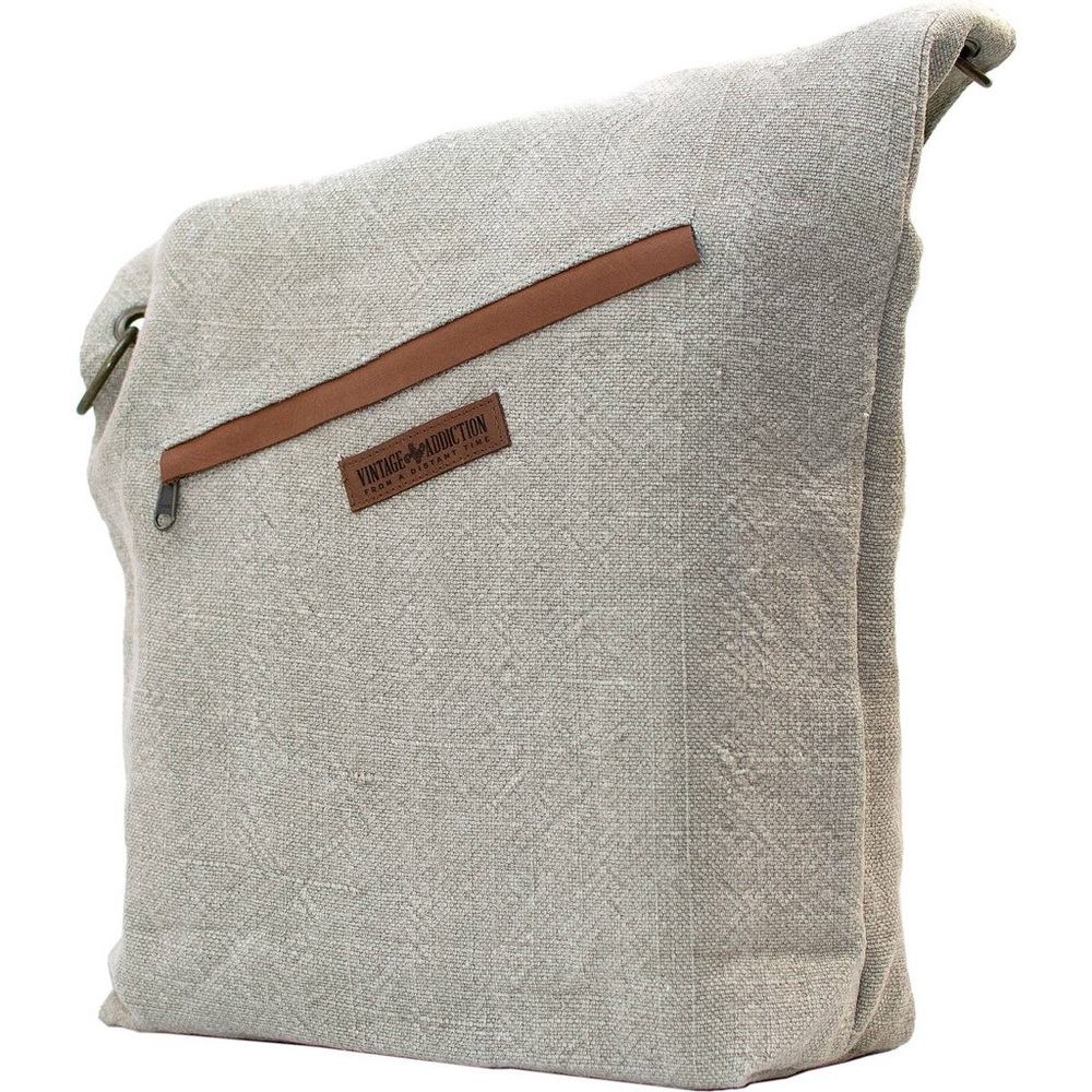 Vintage Addiction foldover crossbody Ash Grey & Jute messenger bag Leather Trim - Picture 7 of 8